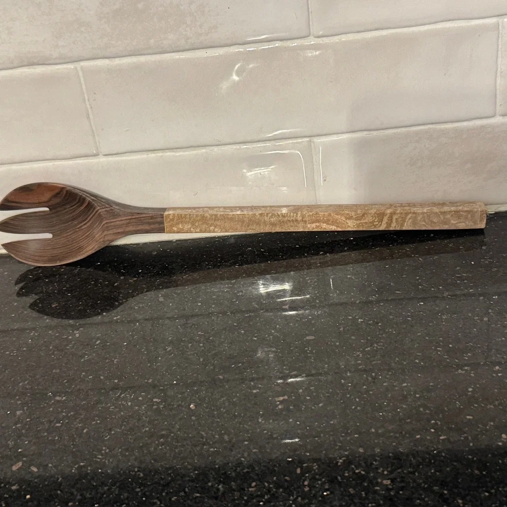 Handcrafted Wood and Stone Salad Serving Fork Dark Grain‎ Wood Travertine Handle